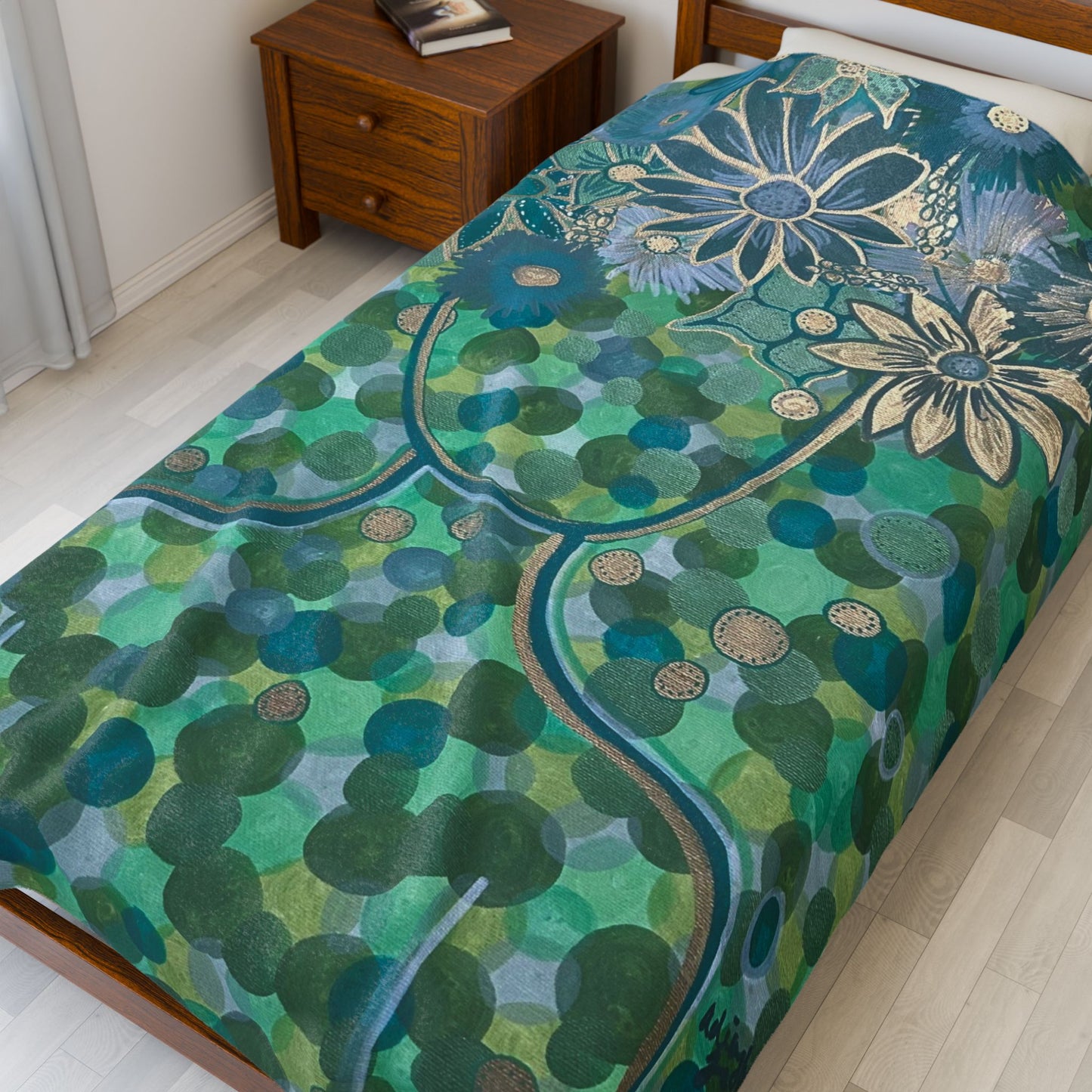 Green Goddess Velveteen Plush Blanket, Cozy Home Decor, Flower Print Throw, Gift for Her, Soft Blanket for All Seasons